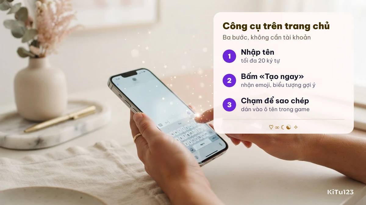 Ba bước dùng công cụ KiTu123 trên trang chủ: nhập tên, bấm Tạo ngay, chạm để sao chép