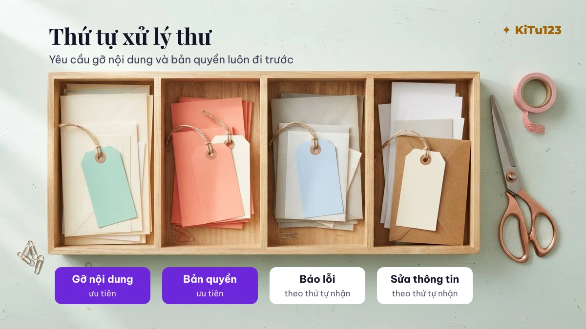 Thứ tự xử lý thư liên hệ KiTu123: yêu cầu gỡ nội dung và bản quyền được ưu tiên